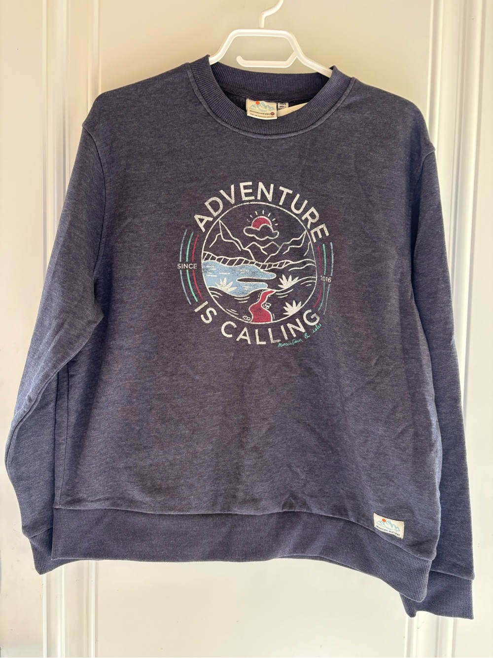 Adventure Is Calling Graphic Crewneck Men’s Sweater - Navy in Size Large